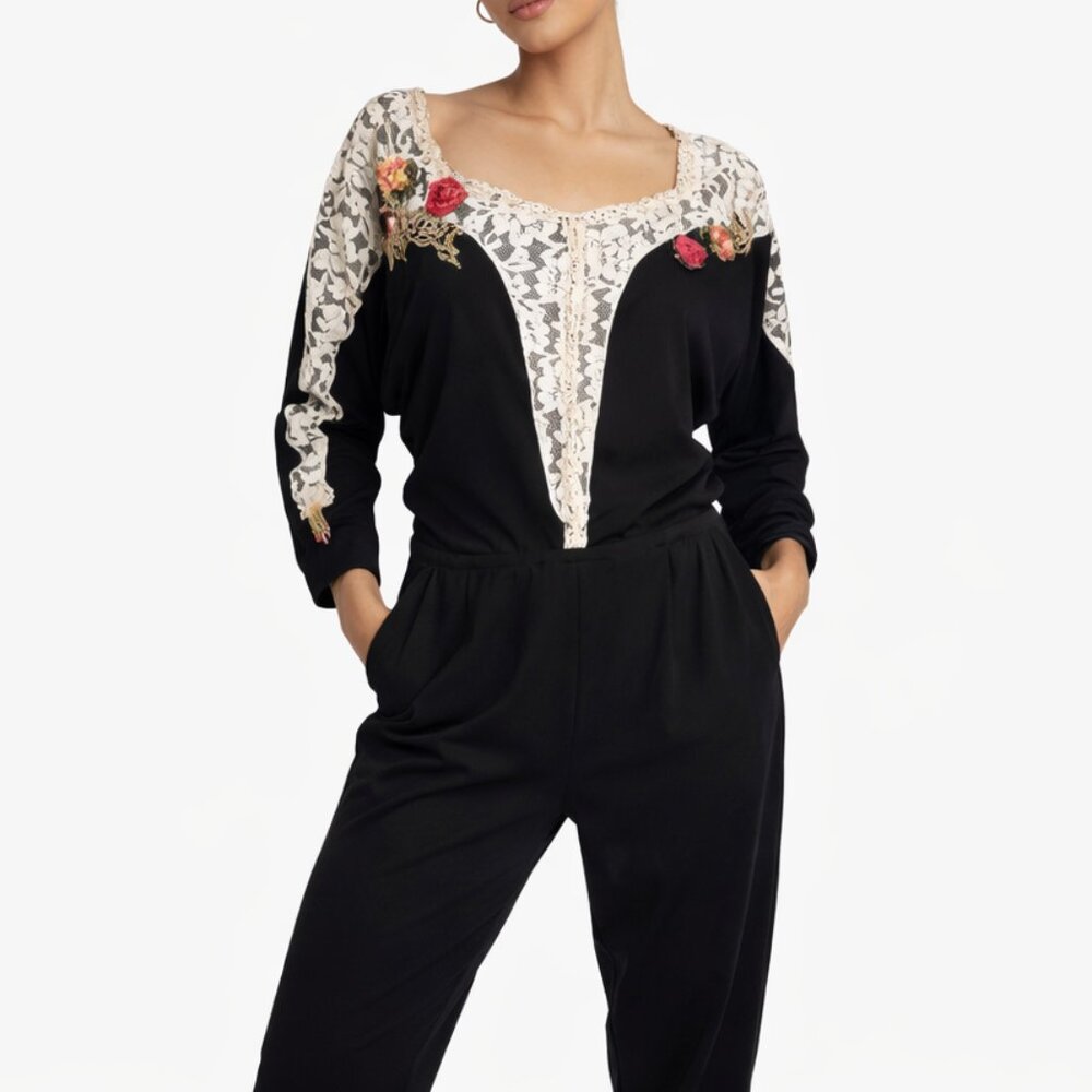 Lacy Afternoon Shell Kepler Jumpsuit Womens L Black Lace Floral Corsage Boho